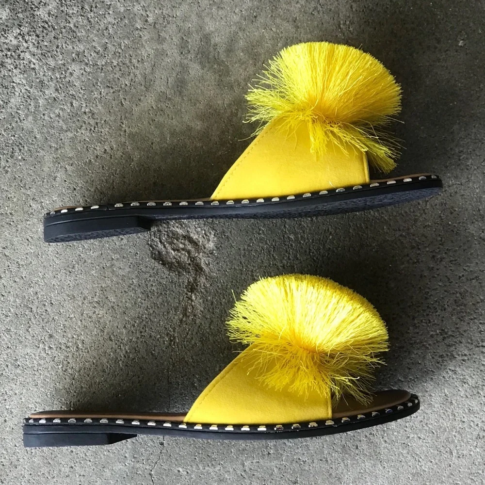 Italina Boho Yellow Pom Pom Slide On Padded Mule Sandals